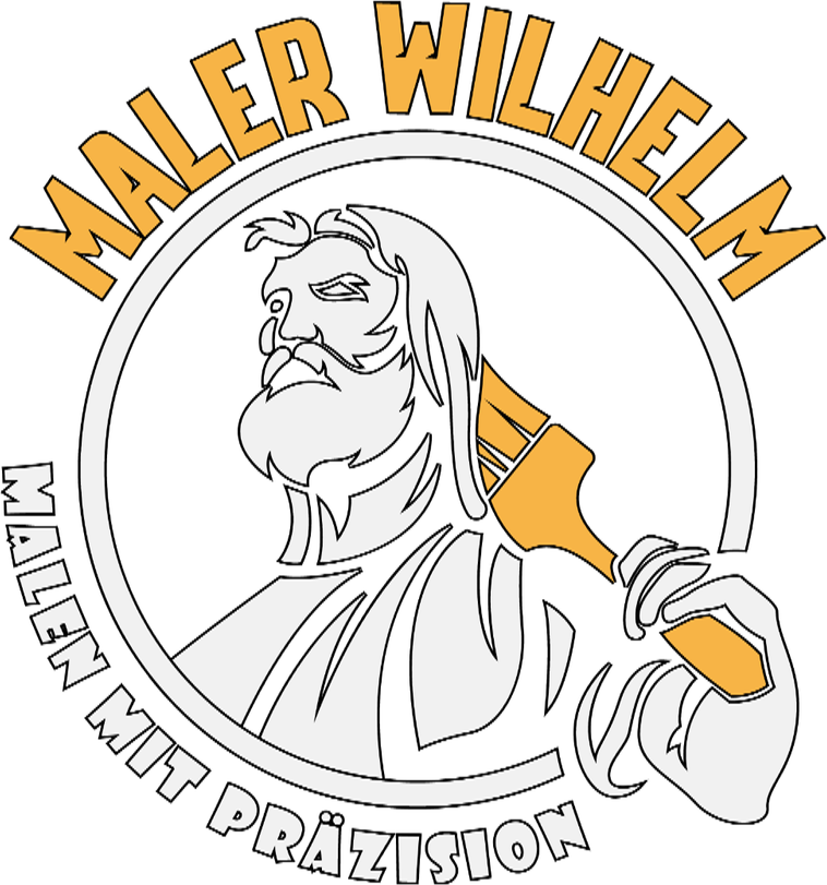 Maler Wilhelm: Logo mit Maler und Pinsel, Schriftzug Malen mit Präzision